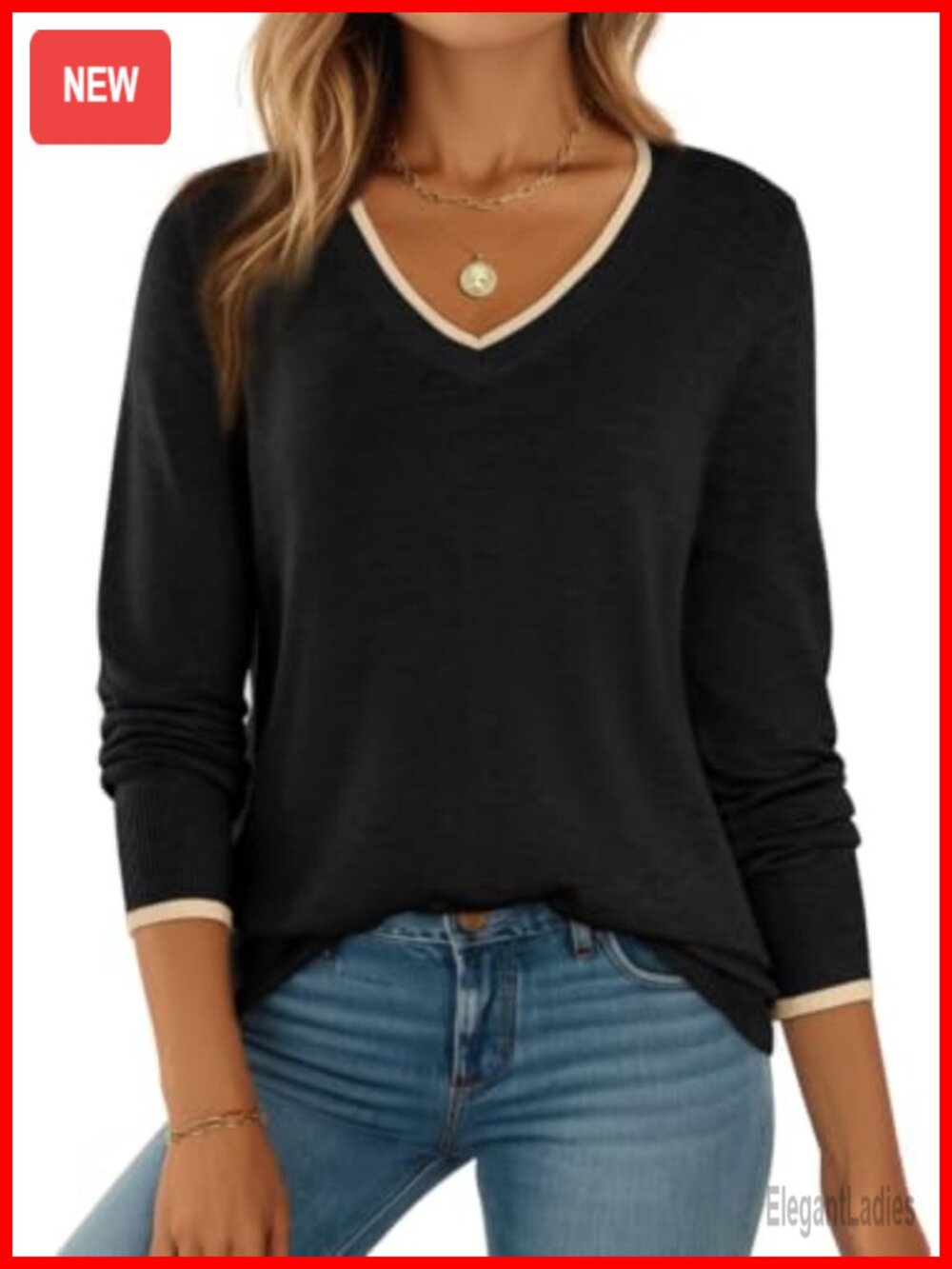 Wool Blend V-Neck Long Sleeve Knit Pullover Sweater Ribbed Cuffs